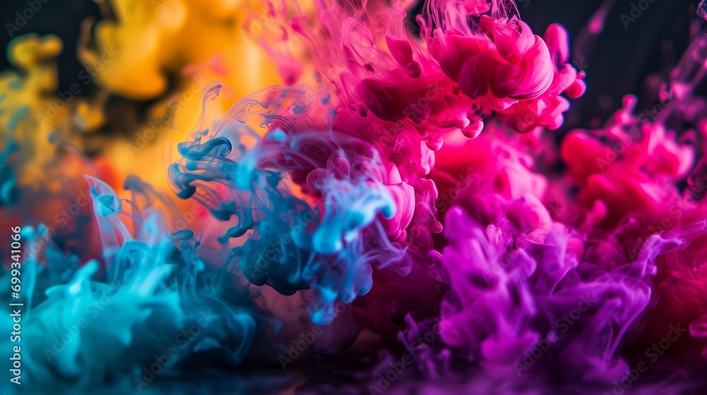 Abstract colorful explosion of neon ink on a black background. Dynamic and bright display of colors and energy