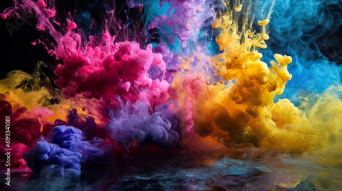 Abstract colorful explosion of neon ink on a black background. Dynamic and bright display of colors and energy