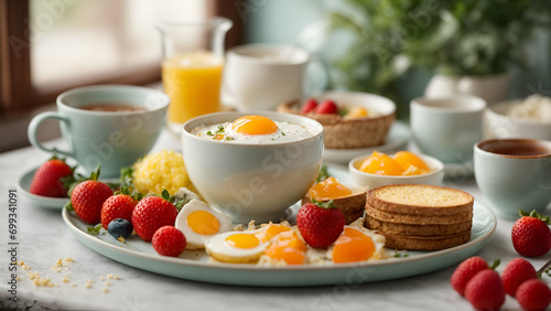 breakfast on the table , breakfast with strawberry and egg and bread and coffee and orange juice