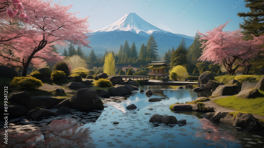 Obraz premium Spring Serenity at Dawn by the Mountain Lake, Generative AI illustration