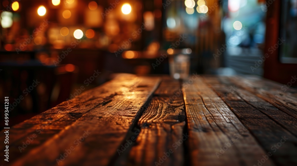 A dark wood table stands in a cafe with a blurred background. Old wooden table with blurred background A dark wood table stands in a cafe with a blurred background. Old wooden table with blurred background
