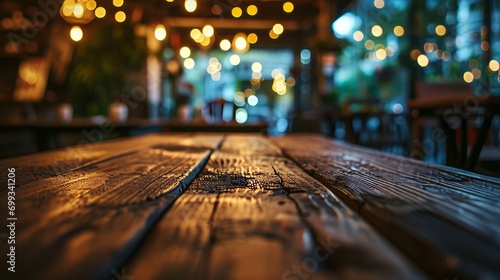 A dark wood table stands in a cafe with a blurred background. Old wooden table with blurred background