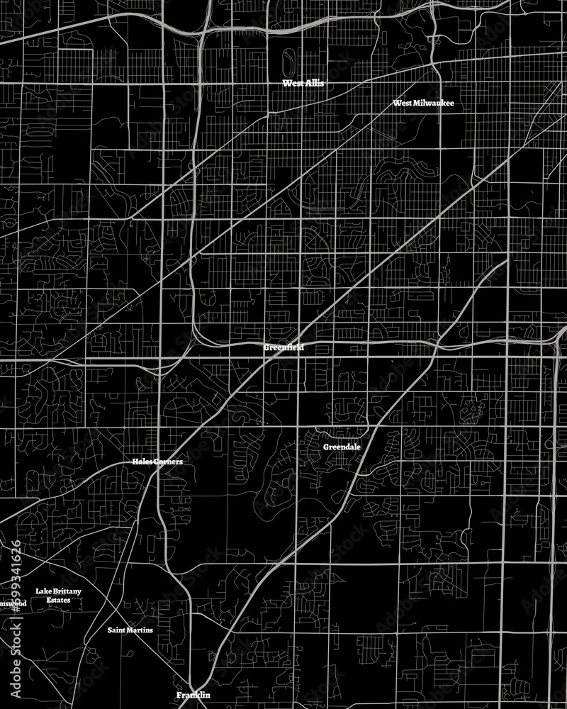 Greenfield Wisconsin Map, Detailed Dark Map of Greenfield Wisconsin