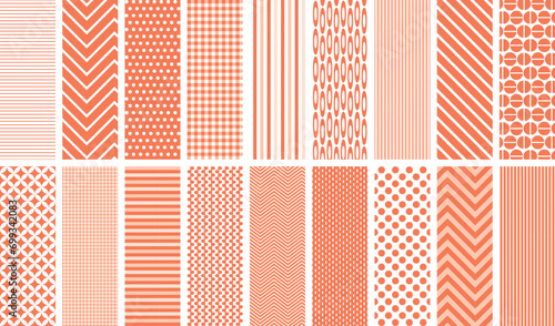 Orange seamless pattern set. 18 repeating patterns for fabric, backgrounds, apparel, paper, scrapbooking, and more. Peach, apricot color. Classic, modern, geometric prints. Preppy, retro. 