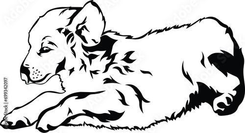 Cartoon Black and White Isolated Illustration Vector Of A Baby Tiger Laying Down