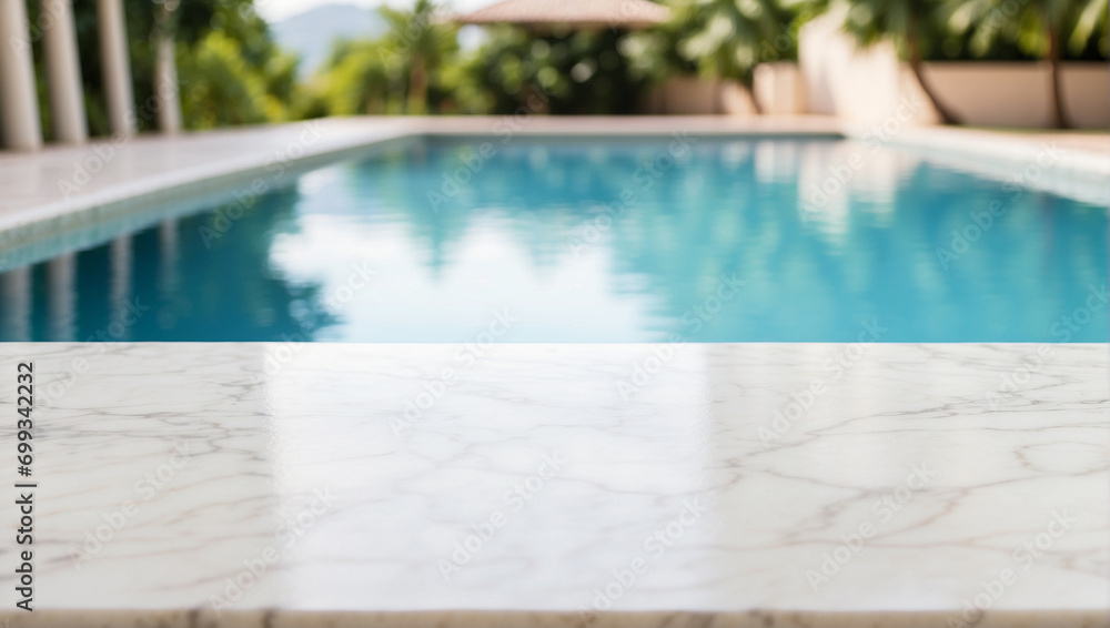 Fototapeta premium empty white marble table with blurry swimming pool background, backdrop with copy space