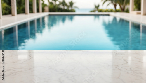 empty white marble table with blurry swimming pool background, backdrop with copy space photo