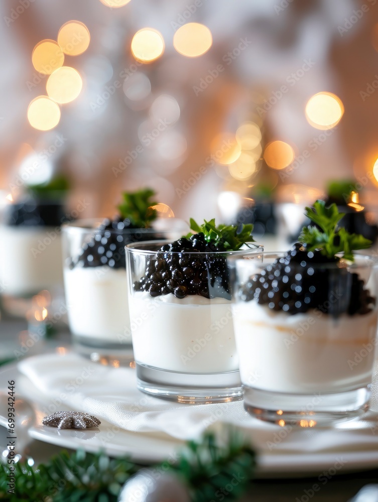 close up photo of gourmet appetizer with black caviar on a festive decorated table with a blurred white Christmas background, professional food photo, sharp focus, studio photo