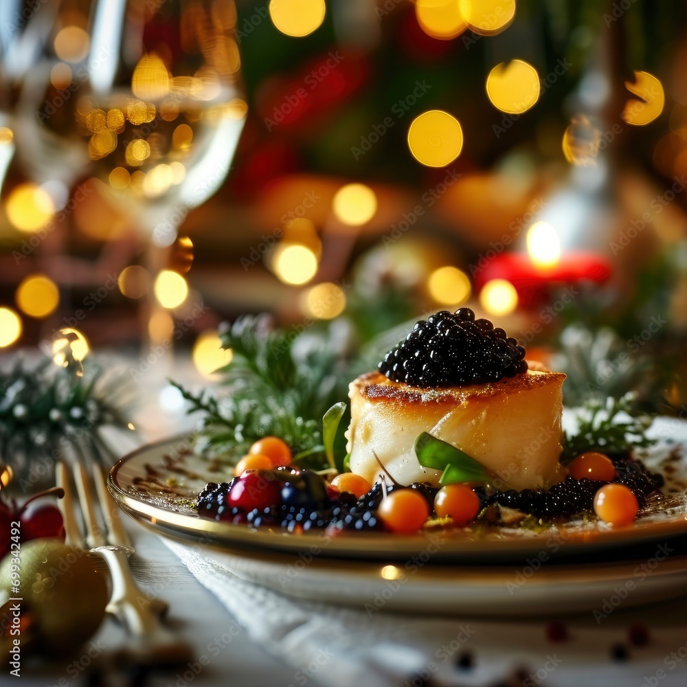 Obraz premium gourmet appetizer with black caviar on a festive table with a Christmas light background