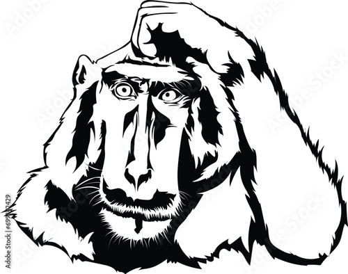 Cartoon Black and White Isolated Illustration Vector Of A Black Macaque Monkey