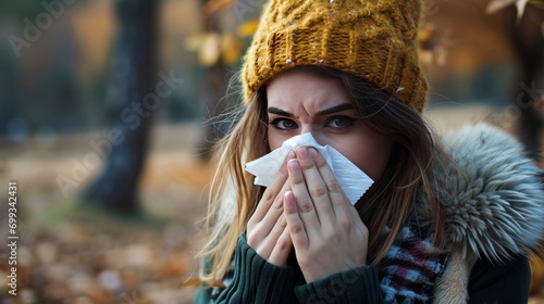 A sick young woman blows her nose with a napkin