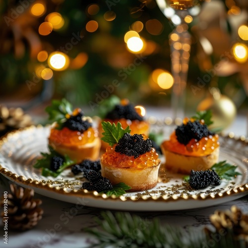 gourmet appetizer with black caviar on a festive table with a Christmas light background