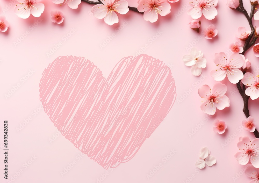 card with heart with pink cherry blossom background
