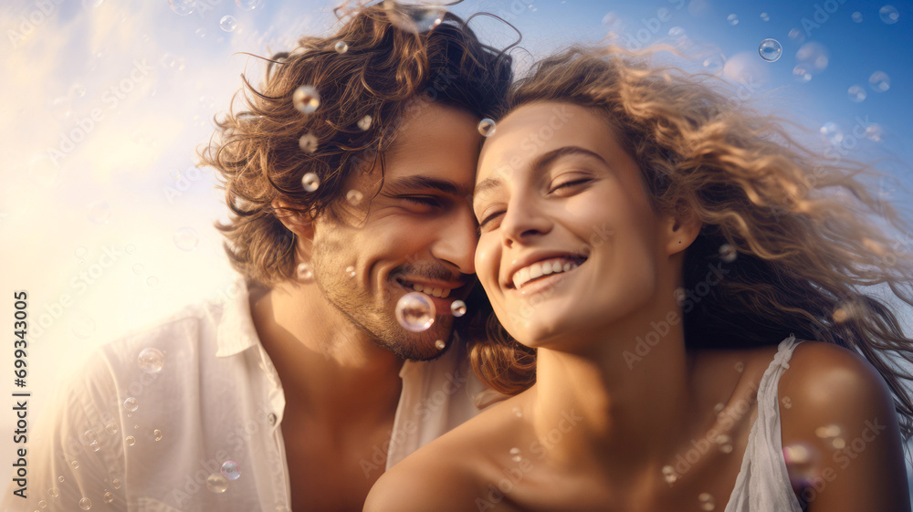 Romantic abstract portrait of a beautiful couple in love, woman and man with soap bubbles. This is their Valentine's Day moment, full of love. Romantic abstract portrait of a beautiful couple in love, woman and man with soap bubbles. This is their Valentine's Day moment, full of love.