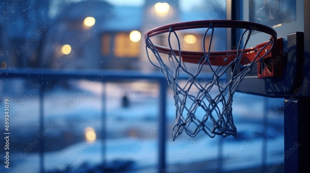 Snowy Basketball Hoop at Dusk