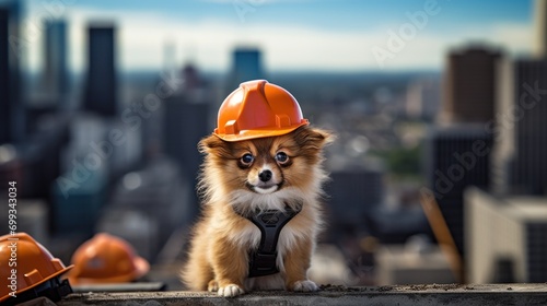 Small Dog with Construction Helmet on Urban Background