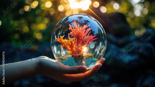 Marine Life Coral Captured in Crystal Sphere