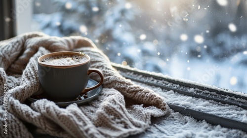 Cozy winter window with a cup of coffee and a knitted sweater on the windowsill. Carefree winter landscape