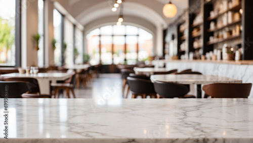 empty white marble table with blurry coffee shop background, backdrop with copy space