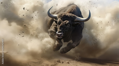 Photo of angry horned bison buffalo against thick dust background. photo