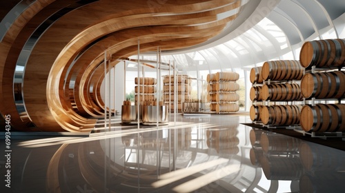 Modern Winery Warehouse with Wooden Barrels photo