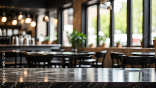 empty black marble table with blurry coffee shop background  backdrop with copy space