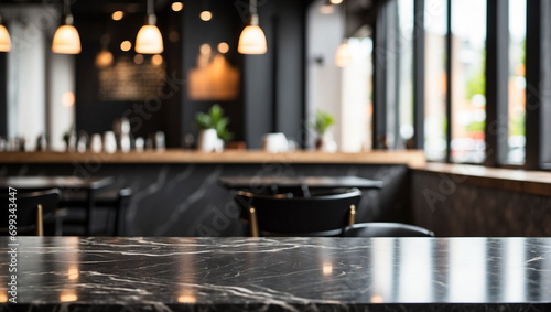 empty black marble table with blurry coffee shop background, backdrop with copy space photo