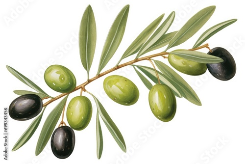 Illustration of a group of green olives with leaves on a white background as a design element for olive packaging.