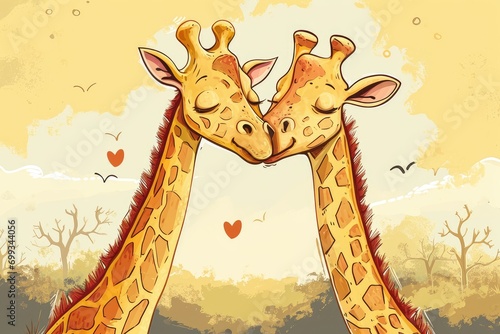 Two cute giraffes are happy because they are in love with each other with hearts. valentine s day.