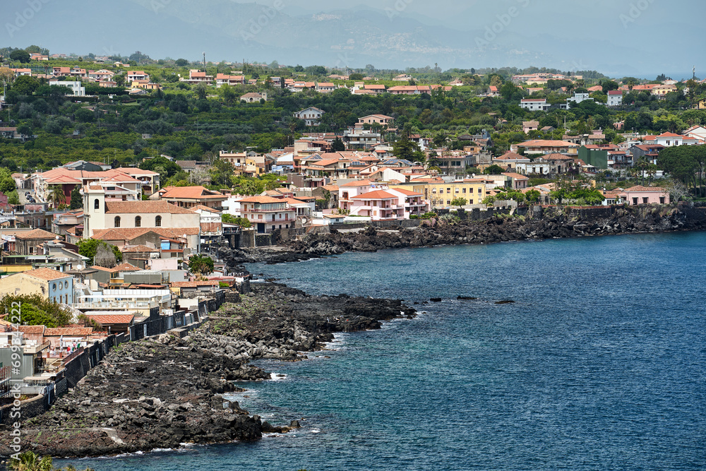 Aerial view of the city Aci Castello on the island of Sicily