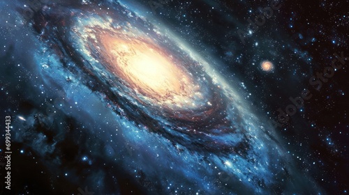 A detailed illustration of a distant galaxy with spiraling arms
