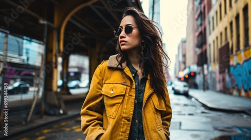 A fashion blogger showcasing the latest trends in streetwear in an urban setting.
