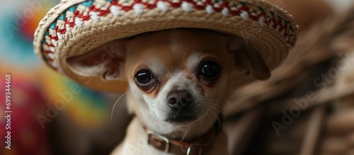 a small chihuahua wearing a sombrero photo