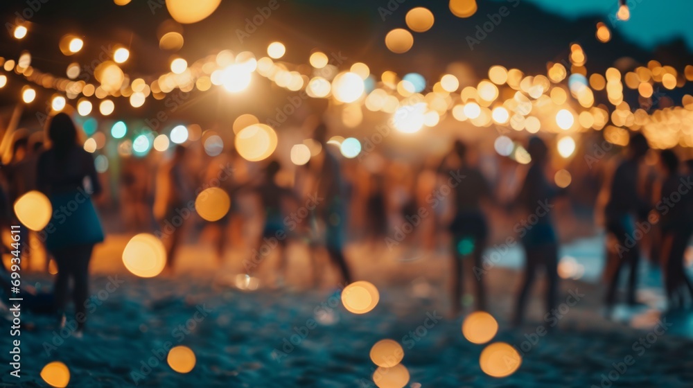 Lively night beach party in summer with blurred background. Dynamic and energetic atmosphere of the holiday - obrazy, fototapety, plakaty 