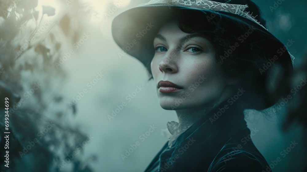 Victorian murder mystery. A female detective in the fog searching for clues in the United Kingdom. In the style of a panoramic movie still. Heroine is the main character. - obrazy, fototapety, plakaty 