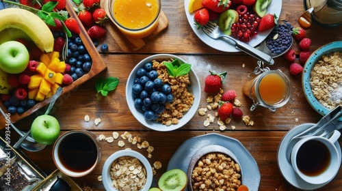 A healthy breakfast spread with fruits, cereals, and coffee photo