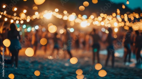Lively night beach party in summer with blurred background. Dynamic and energetic atmosphere of the holiday photo