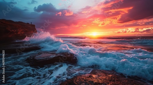 A landscape photographer capturing the beauty of a dramatic sunset over the ocean.