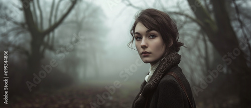 Victorian murder mystery. A female detective in the fog searching for clues in the United Kingdom. In the style of a panoramic movie still. Heroine is the main character. photo
