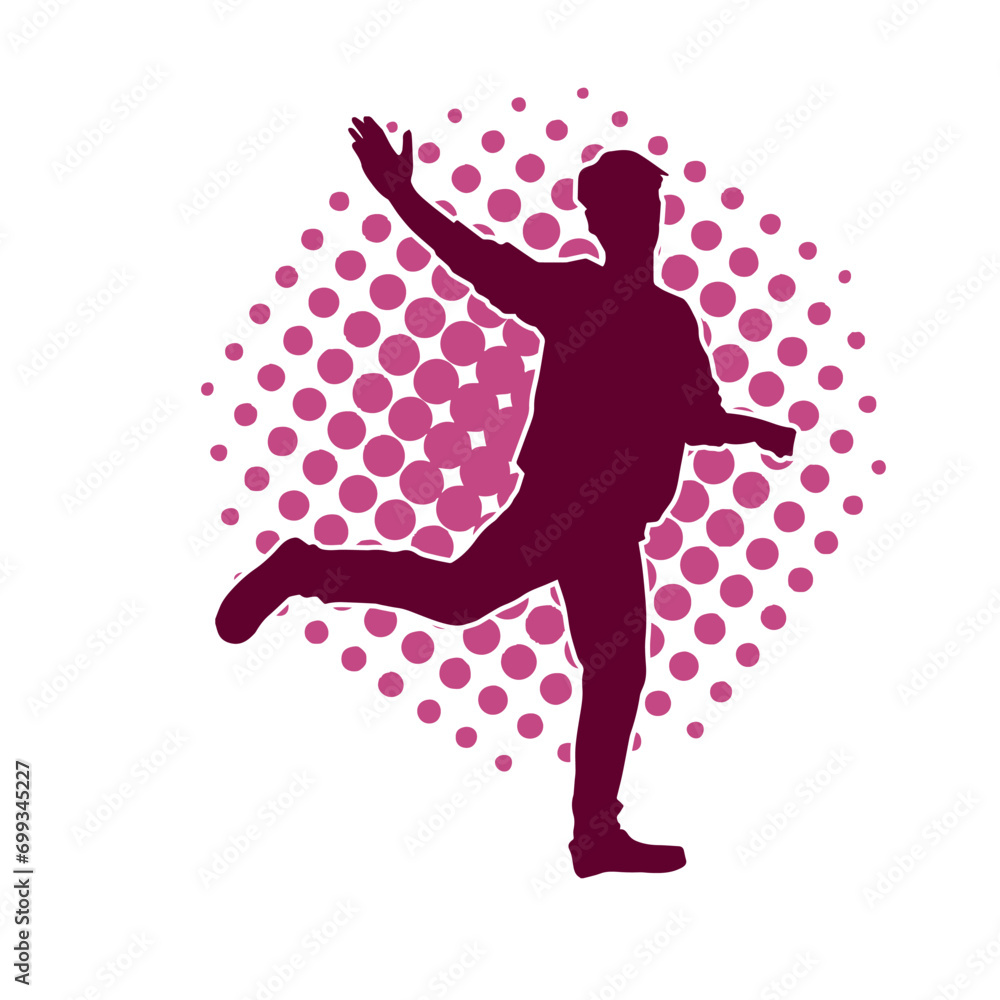 Silhouette of a male dancer in action pose. Silhouette of a slim man in dancing pose. Silhouette of a male dancer in action pose. Silhouette of a slim man in dancing pose.