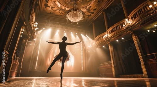 A professional dancer performing an elegant routine on a grand stage.