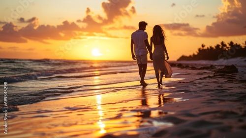 A romantic couple walking hand in hand on a beach at sunset