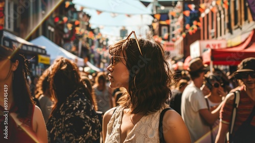 A street photographer capturing candid moments of city life during a vibrant festival.