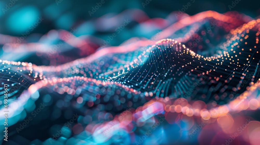 Abstract background with wavy particles technology. Dynamic and futuristic visuals. A combination of technology and creativity Abstract background with wavy particles technology. Dynamic and futuristic visuals. A combination of technology and creativity