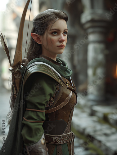 Brunette Elf Archer, Medieval Fantasy Character Illustration photo