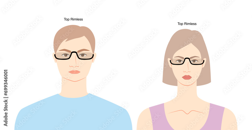 Top Rimless frame glasses on women and men flat character fashion accessory illustration. Sunglass front view unisex silhouette style, spectacles eyeglasses, lens sketch outline on white background Top Rimless frame glasses on women and men flat character fashion accessory illustration. Sunglass front view unisex silhouette style, spectacles eyeglasses, lens sketch outline on white background