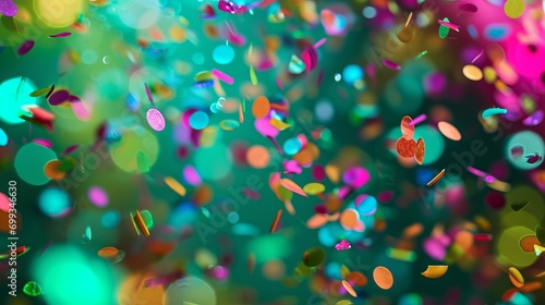 Bright festive background with neon confetti. Confetti float in the air on a bright background © BraveSpirit