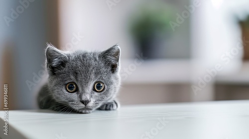 A gray short-haired kitten with a frightened expression is peeking out from behind the white table