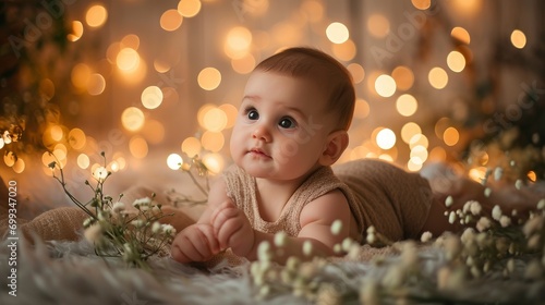 2 months old baby professional studio photoshoot, calm atmosphere, beautiful lite decorations, professional photo, greeting card