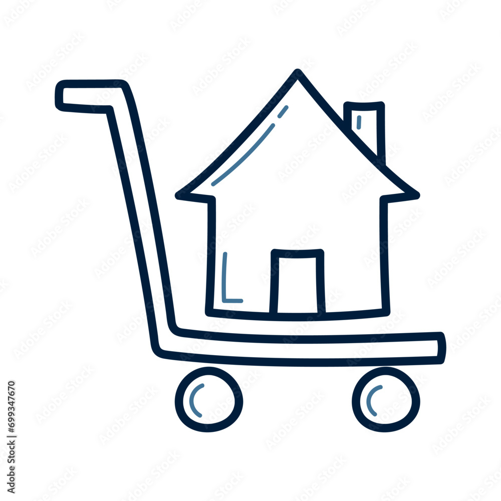 Hand drawn shopping cart with house doodle line illustration. shopping cart with house icon. Hand drawn shopping cart with house doodle line illustration. shopping cart with house icon.